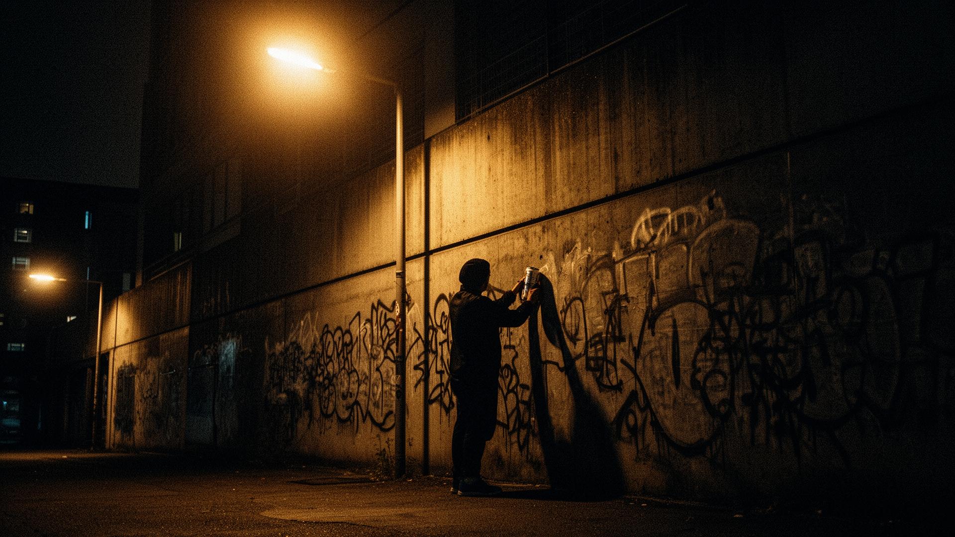 BLANTO trabajando en un mural bajo la luz urbana